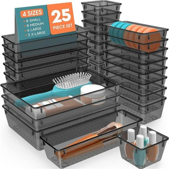 Clear Plastic Drawer Organizer Bins Set for Makeup Jewelry Office Storage - Picture 1 of 7